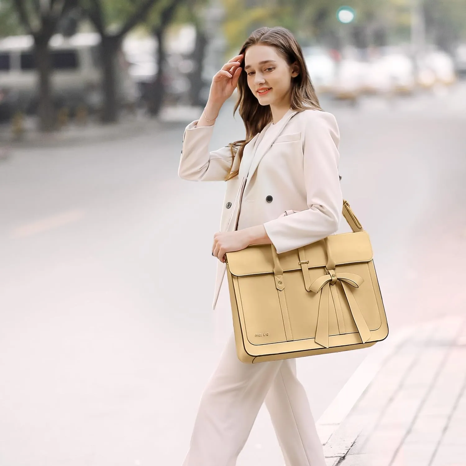 MOSISO Laptop Bag for Women, 13-14 inch PU Leather Laptop Shoulder Bag Convertible Backpack, 13.3 inch Messenger Bag Casual Handbag Work Briefcase Travel Computer Bag with Bowknot, Turmeric