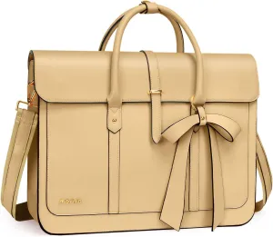MOSISO Laptop Bag for Women, 13-14 inch PU Leather Laptop Shoulder Bag Convertible Backpack, 13.3 inch Messenger Bag Casual Handbag Work Briefcase Travel Computer Bag with Bowknot, Turmeric