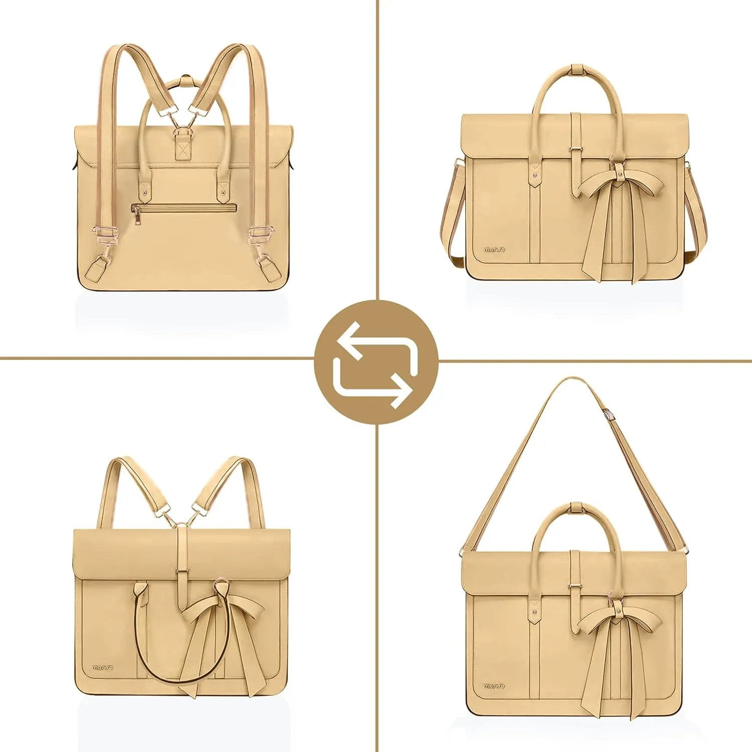 MOSISO Laptop Bag for Women, 13-14 inch PU Leather Laptop Shoulder Bag Convertible Backpack, 13.3 inch Messenger Bag Casual Handbag Work Briefcase Travel Computer Bag with Bowknot, Turmeric
