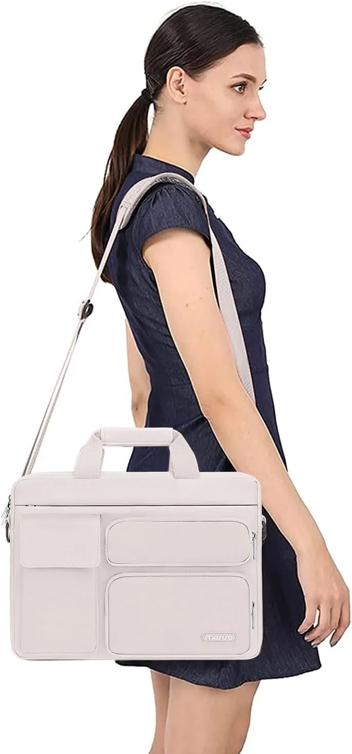 MOSISO Laptop Shoulder Bag Compatible with MacBook Air 15 M4 M3 M2/Pro 16 inch M4 M3 M2 M1,15-15.6 inch Notebook with 2 Raised&1 Flapover&1 Horizontal Pocket&Handle&Belt, Stone Gray