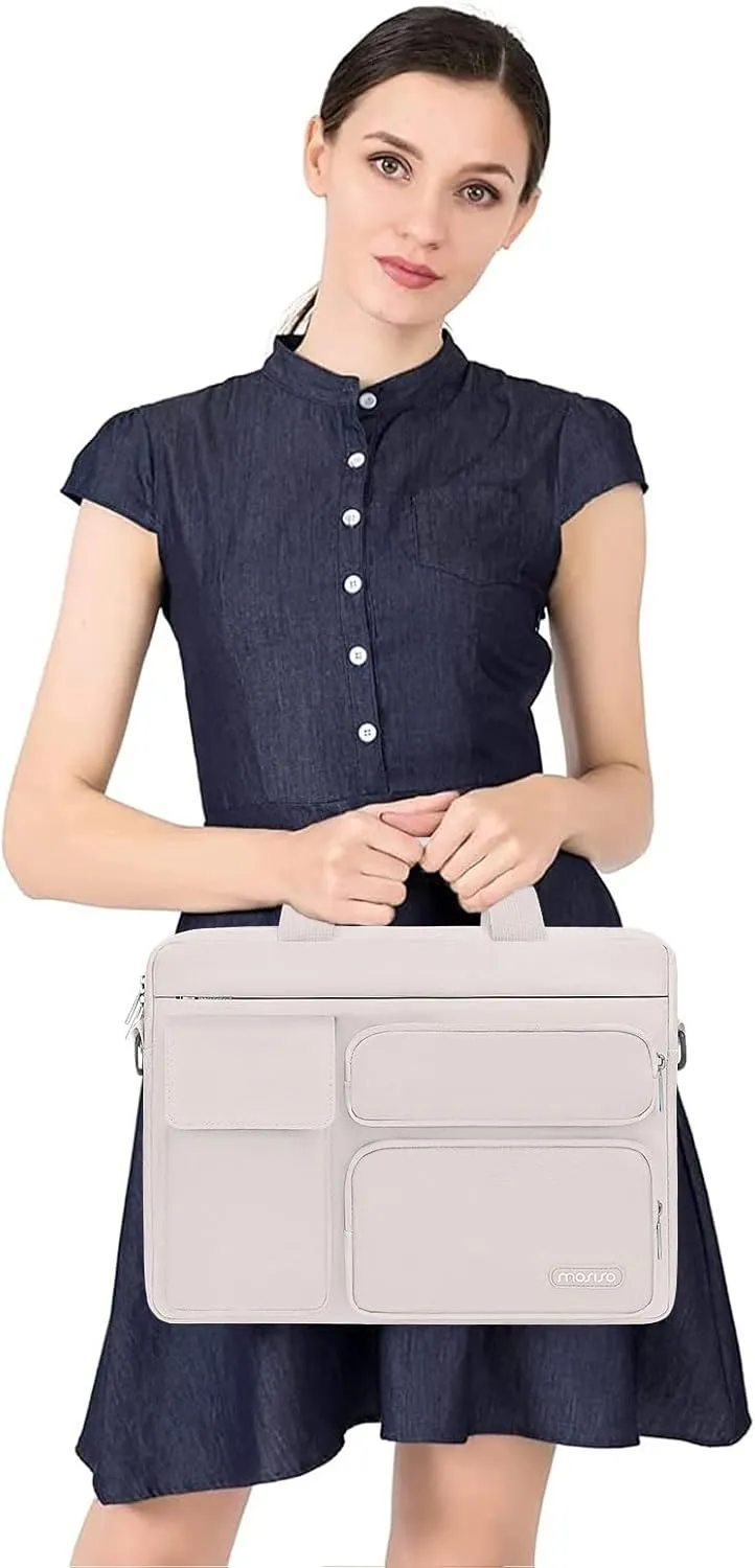 MOSISO Laptop Shoulder Bag Compatible with MacBook Air 15 M4 M3 M2/Pro 16 inch M4 M3 M2 M1,15-15.6 inch Notebook with 2 Raised&1 Flapover&1 Horizontal Pocket&Handle&Belt, Stone Gray