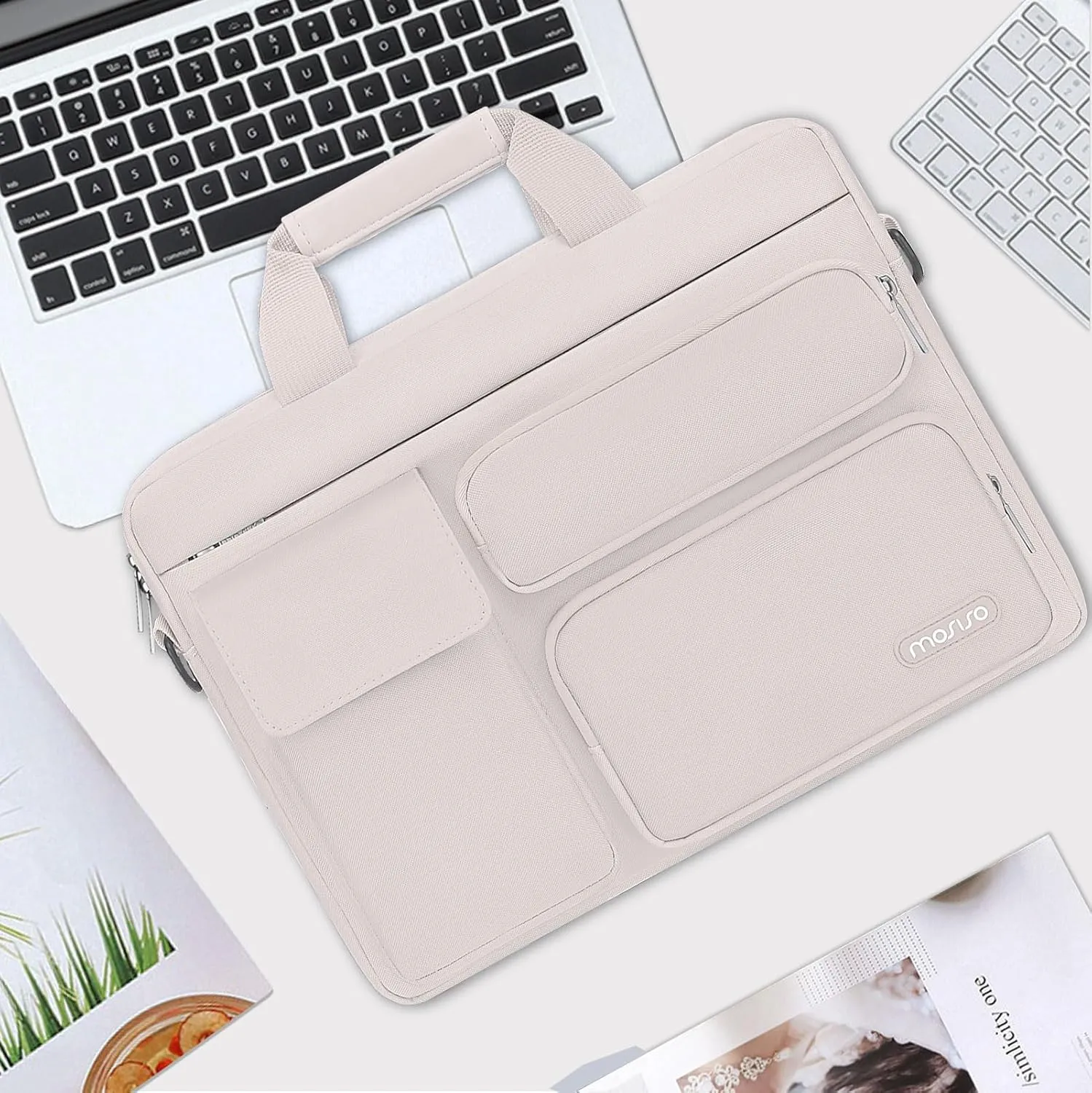 MOSISO Laptop Shoulder Bag Compatible with MacBook Air 15 M4 M3 M2/Pro 16 inch M4 M3 M2 M1,15-15.6 inch Notebook with 2 Raised&1 Flapover&1 Horizontal Pocket&Handle&Belt, Stone Gray