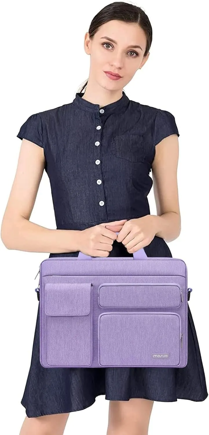 MOSISO Laptop Shoulder Bag Compatible with MacBook Air/Pro,13-13.3 inch Notebook,Compatible with MacBook Pro 14 inch M4 M3 M2 M1 with 2 Raised&1 Flapover&1 Horizontal Pocket&Handle&Belt, Purple