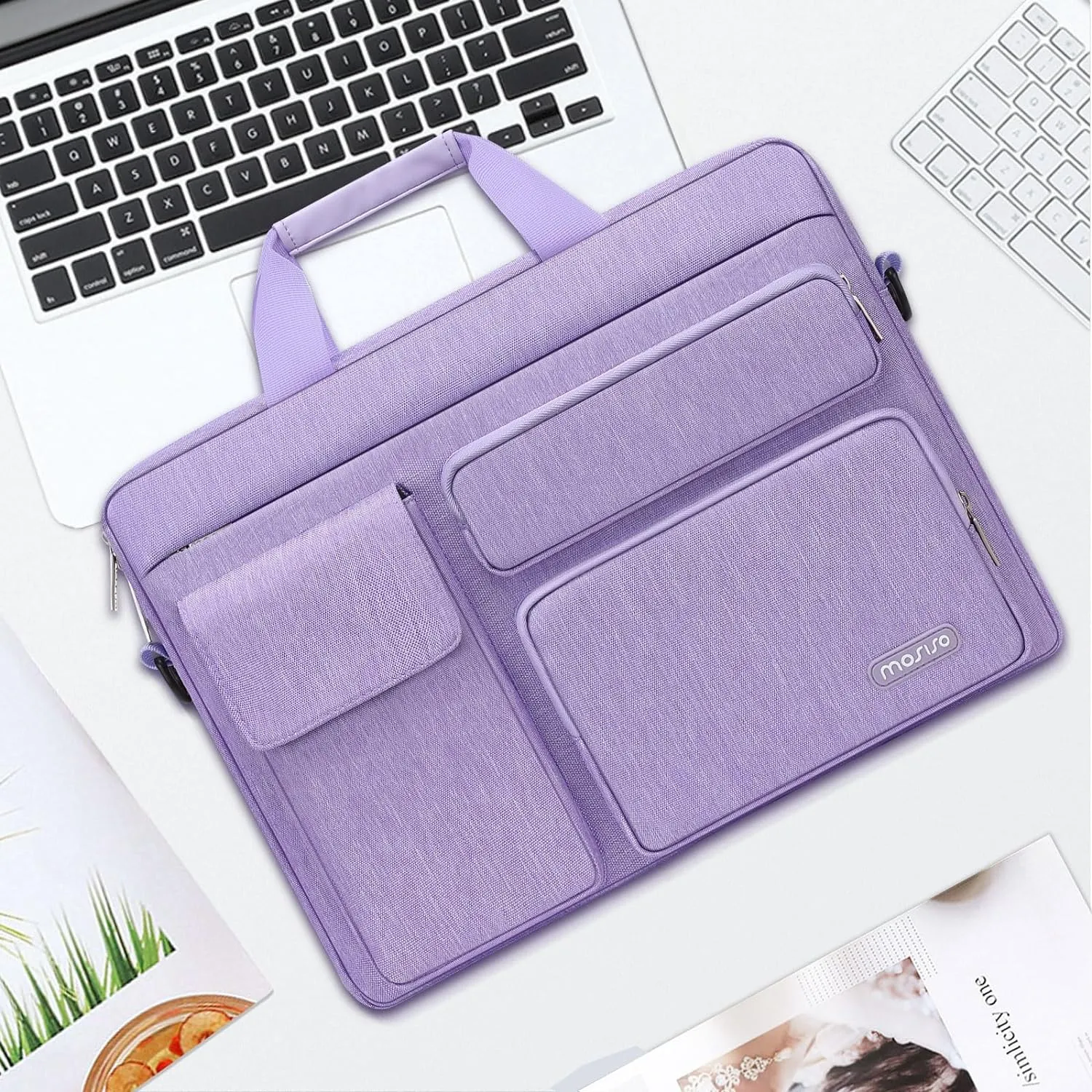 MOSISO Laptop Shoulder Bag Compatible with MacBook Air/Pro,13-13.3 inch Notebook,Compatible with MacBook Pro 14 inch M4 M3 M2 M1 with 2 Raised&1 Flapover&1 Horizontal Pocket&Handle&Belt, Purple