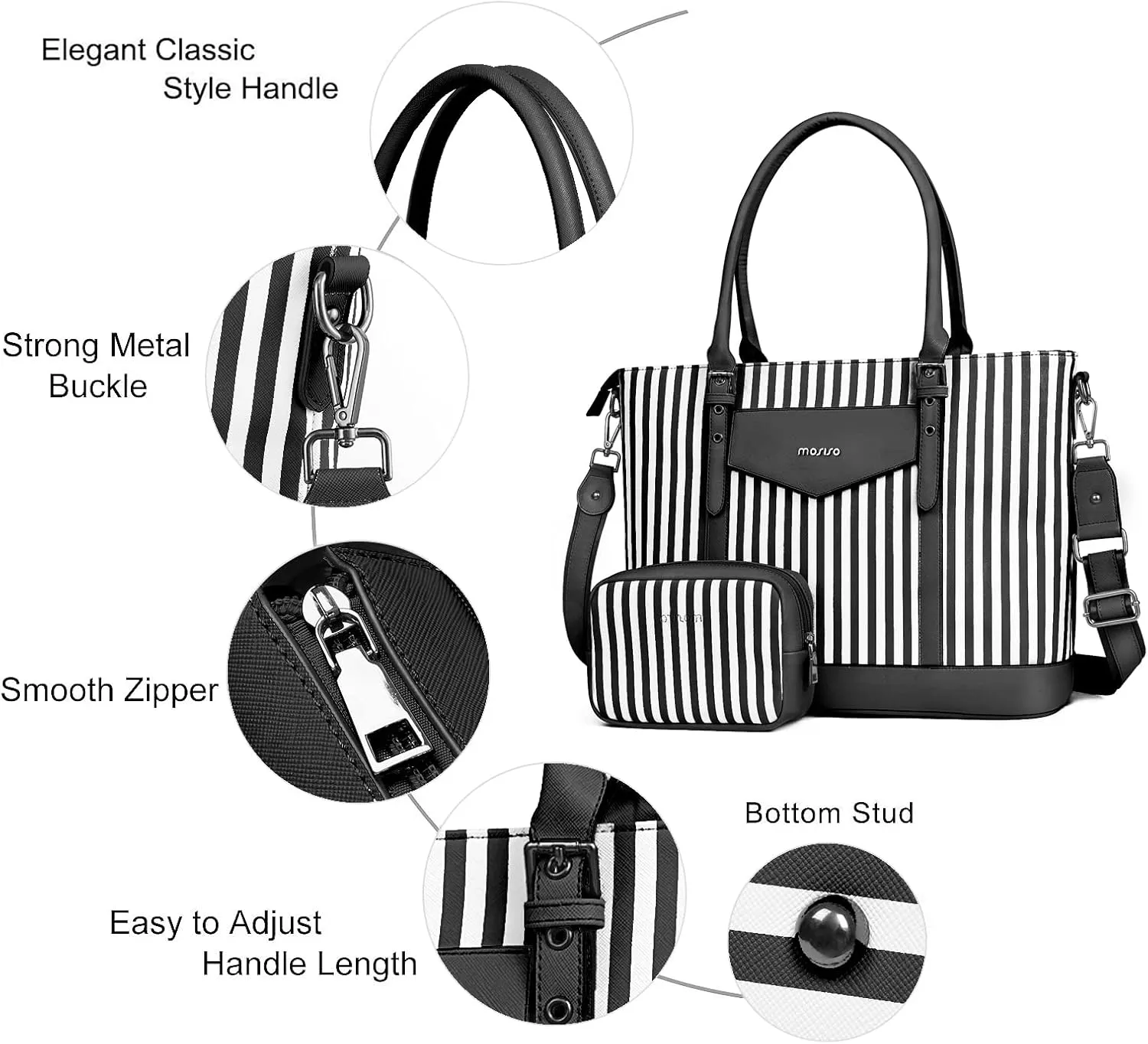 MOSISO Laptop Tote Bag for Women Compatible with MacBook, 17-17.3 inch Notebook and Chromebook, Waterproof Vertical Stripe PU Leather Travel Computer Bag with Envelope Pocket & Small Purse, Black