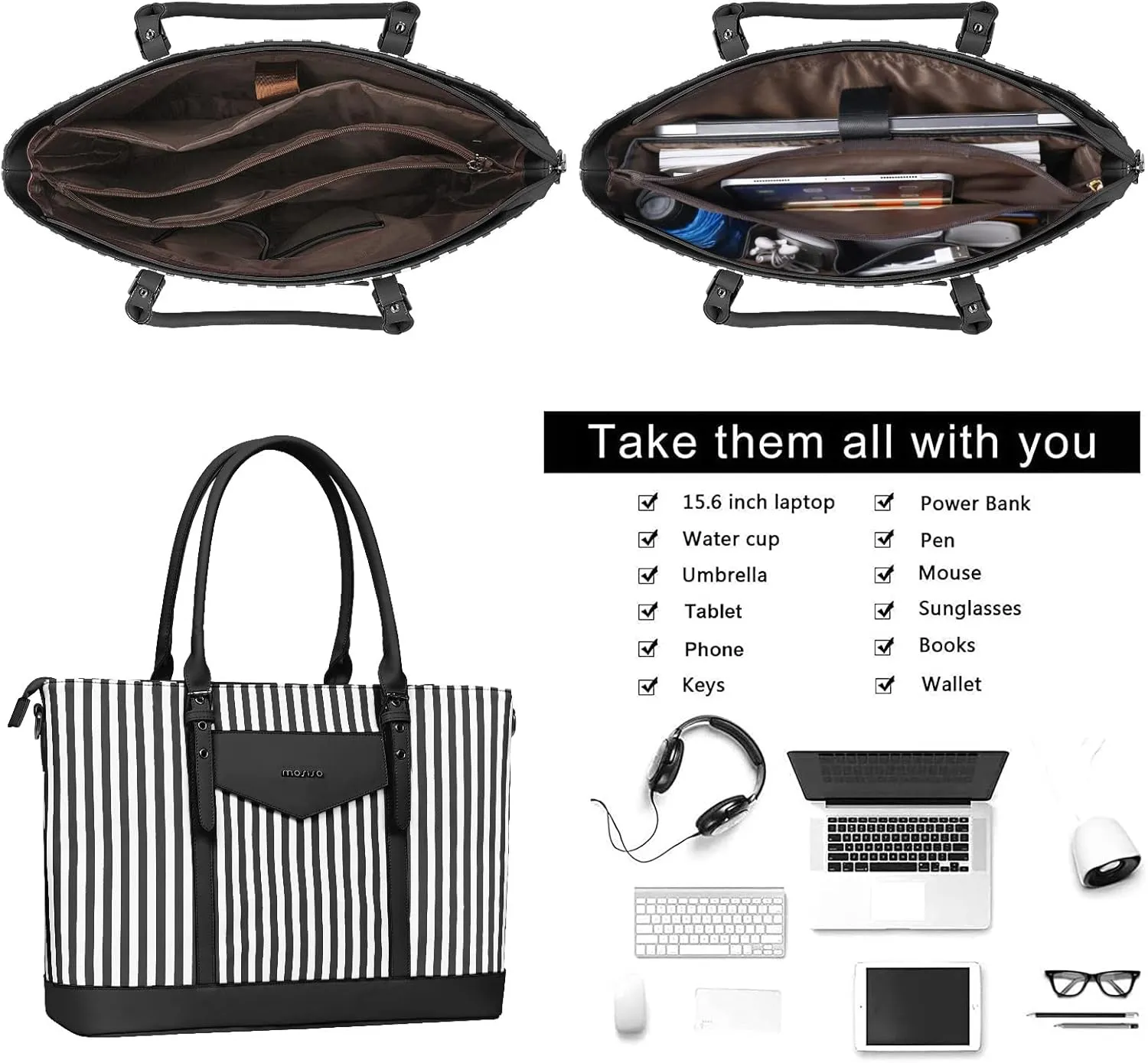 MOSISO Laptop Tote Bag for Women Compatible with MacBook, 17-17.3 inch Notebook and Chromebook, Waterproof Vertical Stripe PU Leather Travel Computer Bag with Envelope Pocket & Small Purse, Black