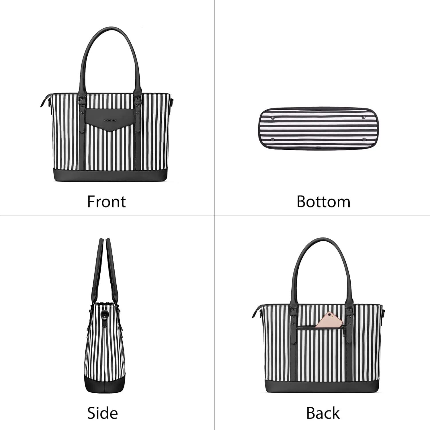 MOSISO Laptop Tote Bag for Women Compatible with MacBook, 17-17.3 inch Notebook and Chromebook, Waterproof Vertical Stripe PU Leather Travel Computer Bag with Envelope Pocket & Small Purse, Black