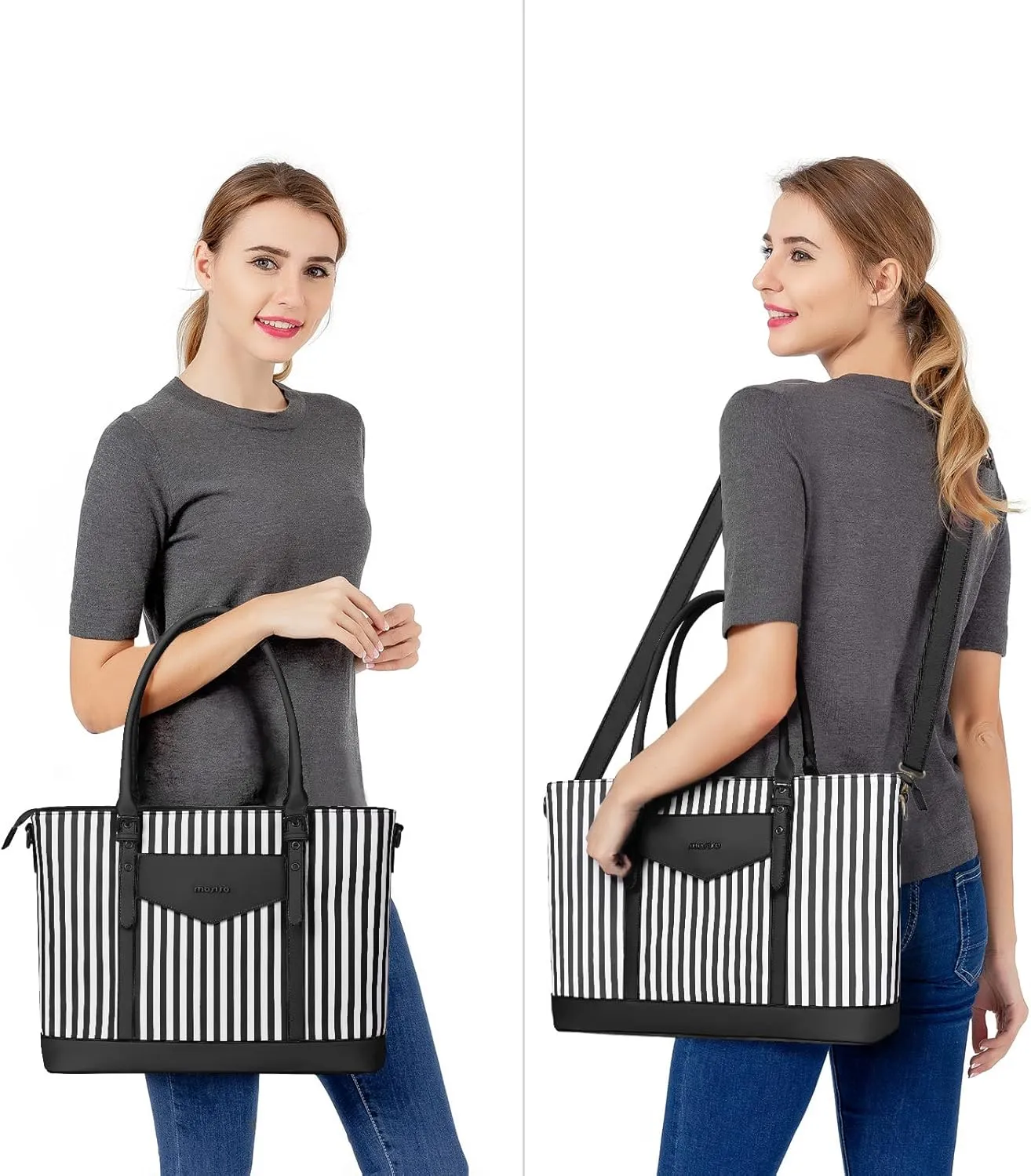 MOSISO Laptop Tote Bag for Women Compatible with MacBook, 17-17.3 inch Notebook and Chromebook, Waterproof Vertical Stripe PU Leather Travel Computer Bag with Envelope Pocket & Small Purse, Black