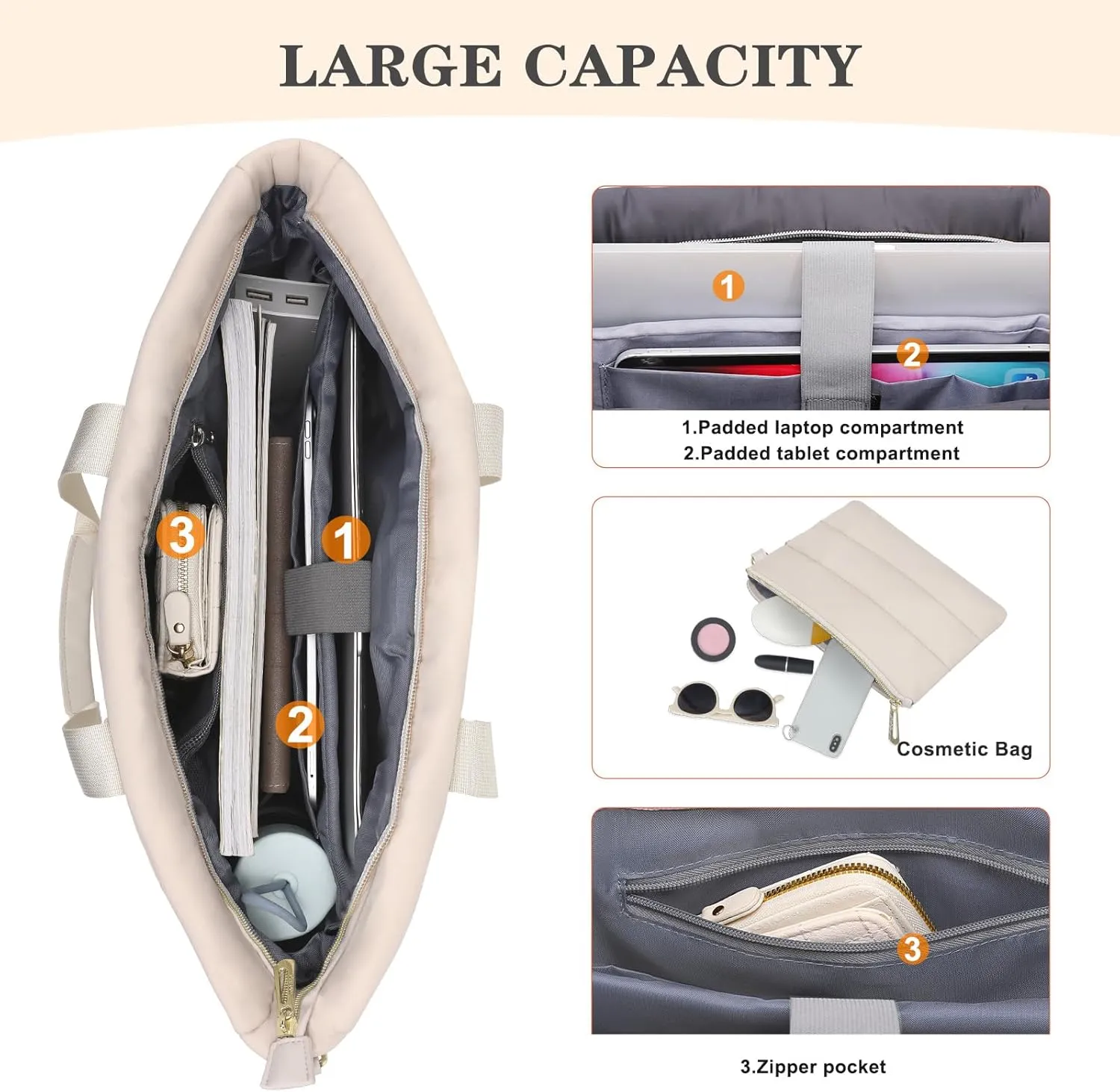 MOSISO Tote Bag for Women, 15-15.6 inch Puffy Laptop Tote Bag with Zipper, 16 inch Casual Large Shoulder Handbag for Travel Work with Purse, Sand