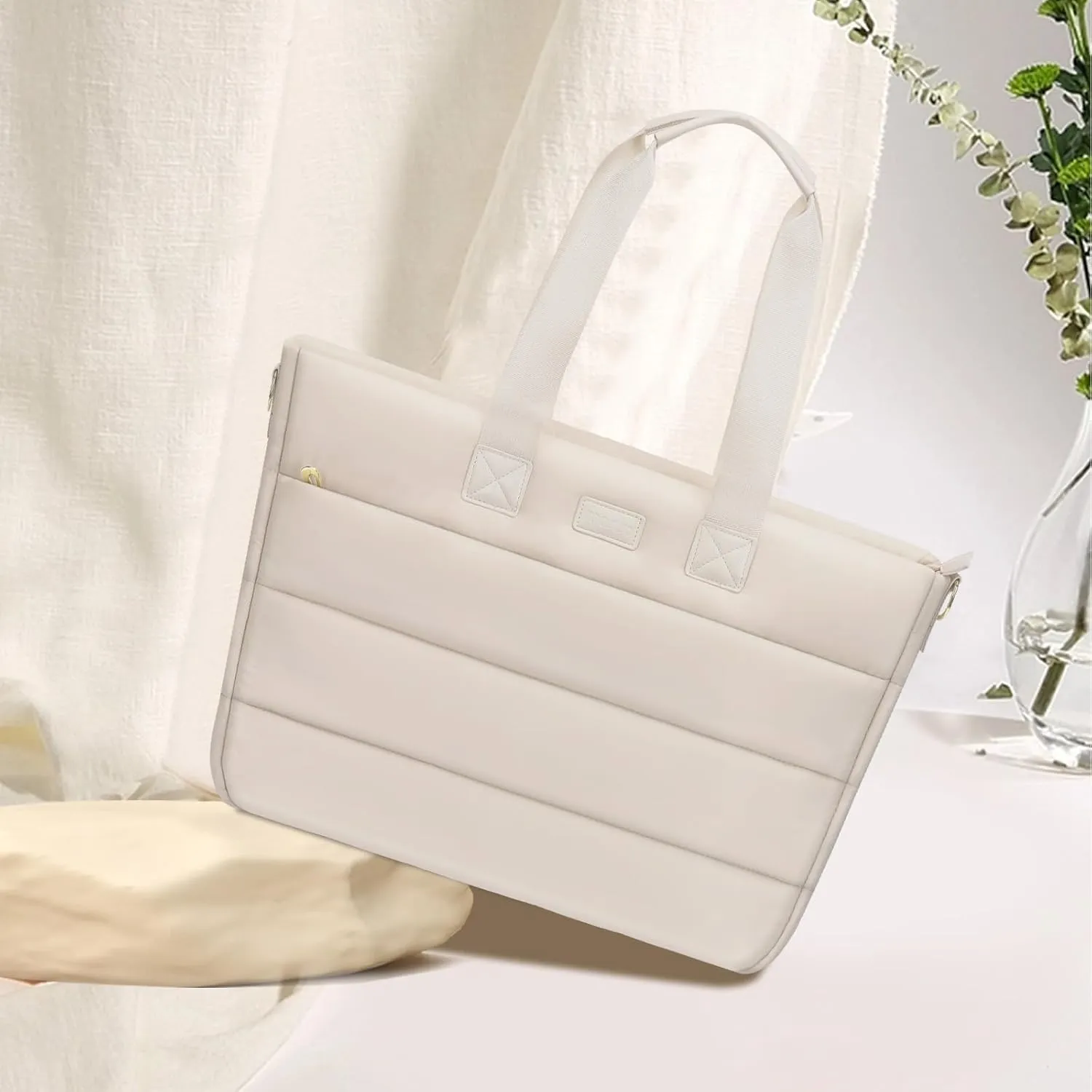 MOSISO Tote Bag for Women, 15-15.6 inch Puffy Laptop Tote Bag with Zipper, 16 inch Casual Large Shoulder Handbag for Travel Work with Purse, Sand