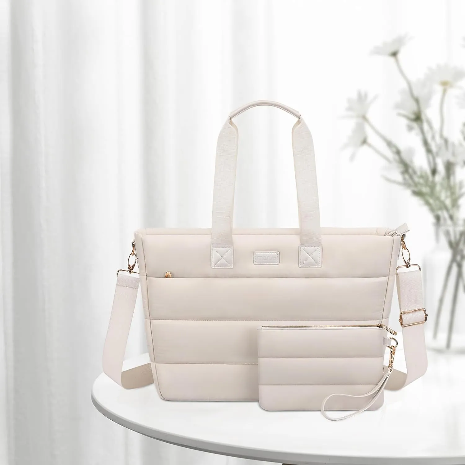 MOSISO Tote Bag for Women, 15-15.6 inch Puffy Laptop Tote Bag with Zipper, 16 inch Casual Large Shoulder Handbag for Travel Work with Purse, Sand