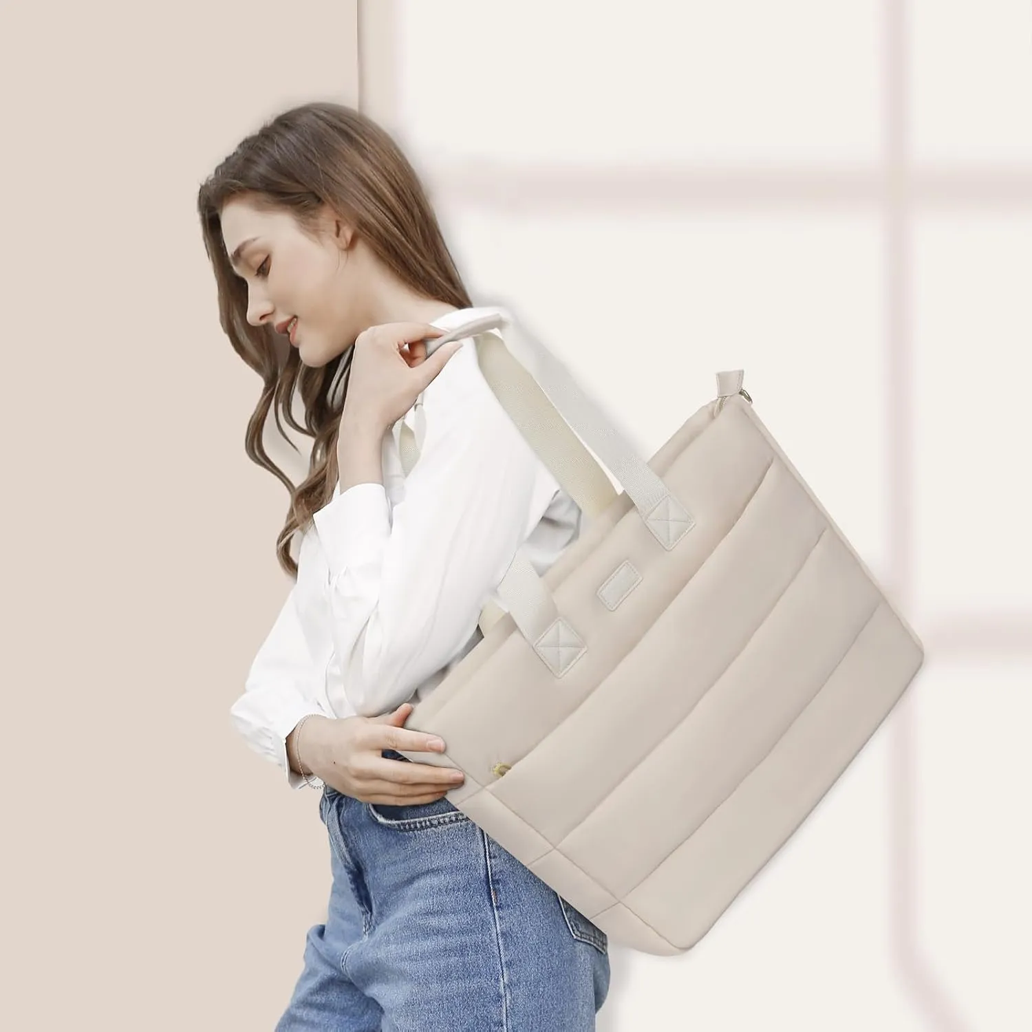 MOSISO Tote Bag for Women, 15-15.6 inch Puffy Laptop Tote Bag with Zipper, 16 inch Casual Large Shoulder Handbag for Travel Work with Purse, Sand