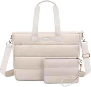 MOSISO Tote Bag for Women, 15-15.6 inch Puffy Laptop Tote Bag with Zipper, 16 inch Casual Large Shoulder Handbag for Travel Work with Purse, Sand
