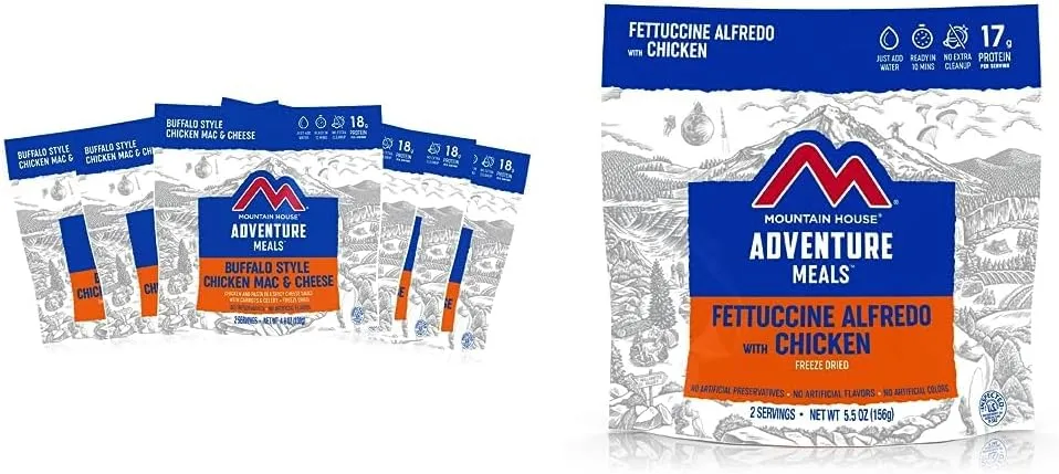 Mountain House Buffalo Chicken Mac & Cheese (6-Pack) and Fettuccine Alfredo with Chicken (2-Servings) | Freeze Dried Backpacking & Camping Food