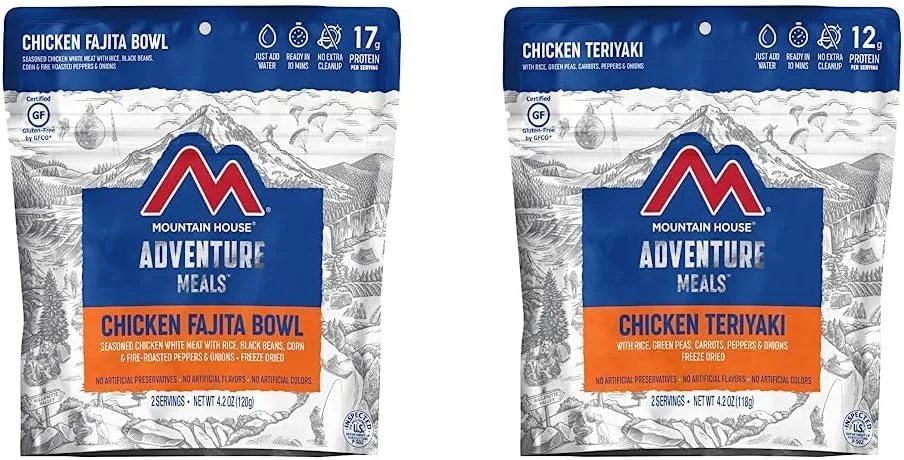 Mountain House Chicken Fajita Bowl | Freeze Dried Backpacking & Camping Food | 2 Servings | Gluten-Free and Mountain House Chicken Teriyaki with Rice | Freeze Dried Backpacking & Camping Food | 2 Servings | Gluten-Free