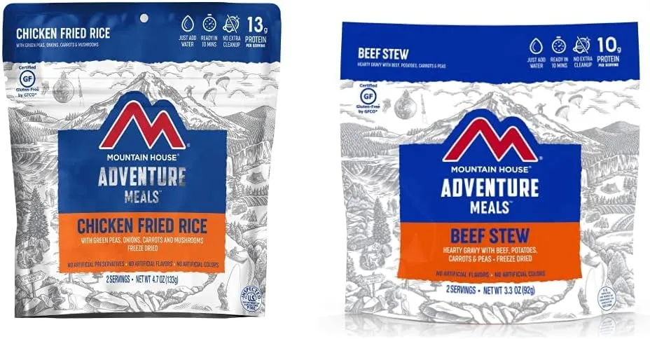 Mountain House Chicken Fried Rice (2 Servings) | Freeze Dried Backpacking & Camping Food | Gluten-Free and Mountain House Beef Stew (2 Servings) | Freeze Dried Backpacking & Camping Food | Gluten-Free