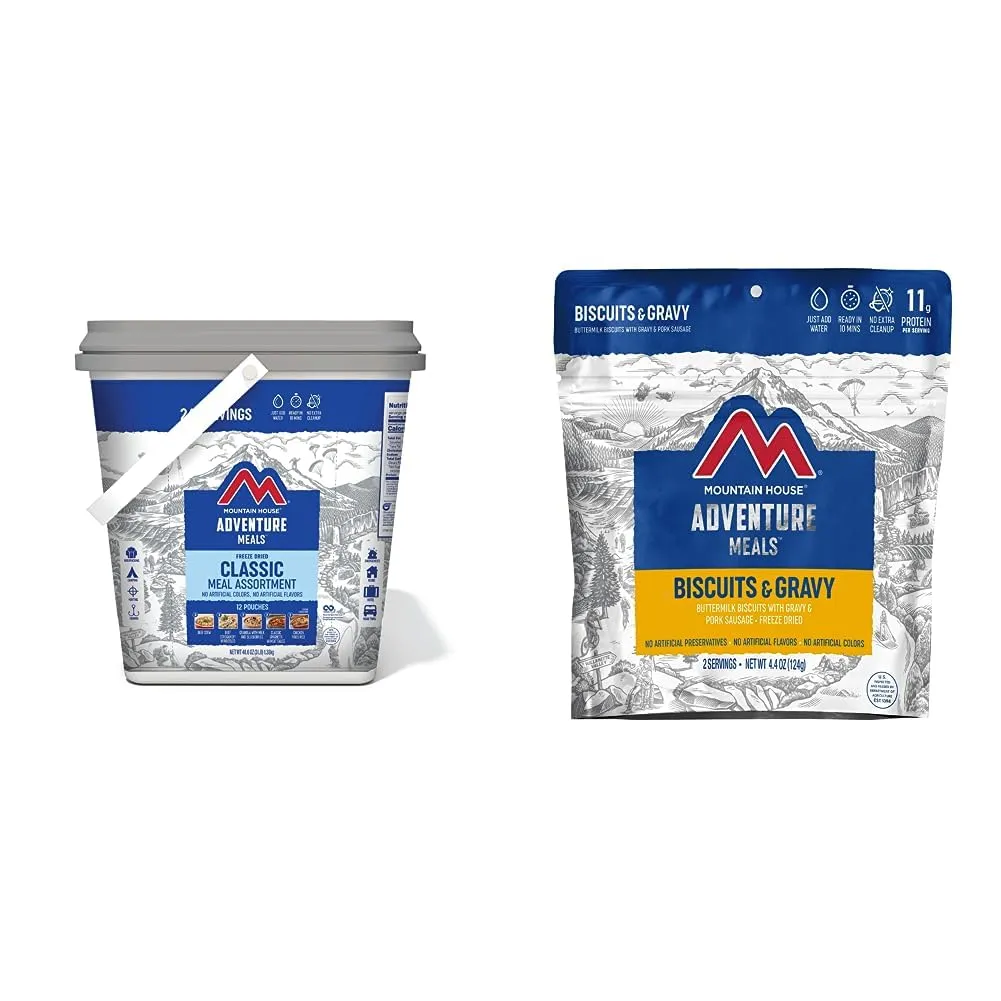 Mountain House Classic Bucket | Freeze Dried Backpacking & Camping Food | 24 Servings and Mountain House Biscuits & Gravy | Freeze Dried Backpacking & Camping Food |2 Servings