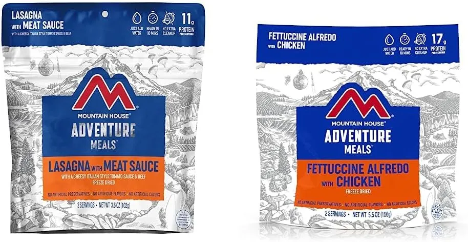 Mountain House Lasagna with Meat Sauce and Fettuccine Alfredo with Chicken | Freeze Dried Backpacking & Camping Food | 2 Servings Each