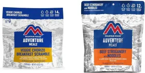 Mountain House Veggie Chorizo Breakfast Scramble 2-Servings & Beef Stroganoff with Noodles 2 Servings Freeze-Dried Backpacking & Camping Food Bundle
