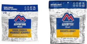 Mountain House Veggie Chorizo Breakfast Scramble 2-Servings & Biscuits & Gravy 2-Servings Backpacking Food Bundle