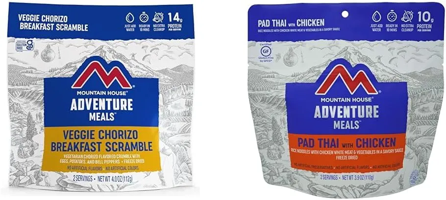Mountain House Veggie Chorizo Breakfast Scramble 2-Servings & Pad Thai with Chicken 2-Servings Backpacking & Camping Food Bundle