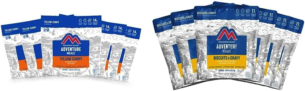 Mountain House Yellow Curry with Chicken & Rice and Biscuits & Gravy Freeze Dried Backpacking & Camping Food Bundle (6-Pack)
