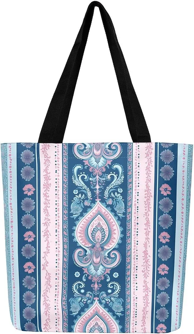 Mountain River Canvas Tote Bag for Women,Pineforest Waterproof Beach Bag Trees Gold Sun Lake Shoulder Bag