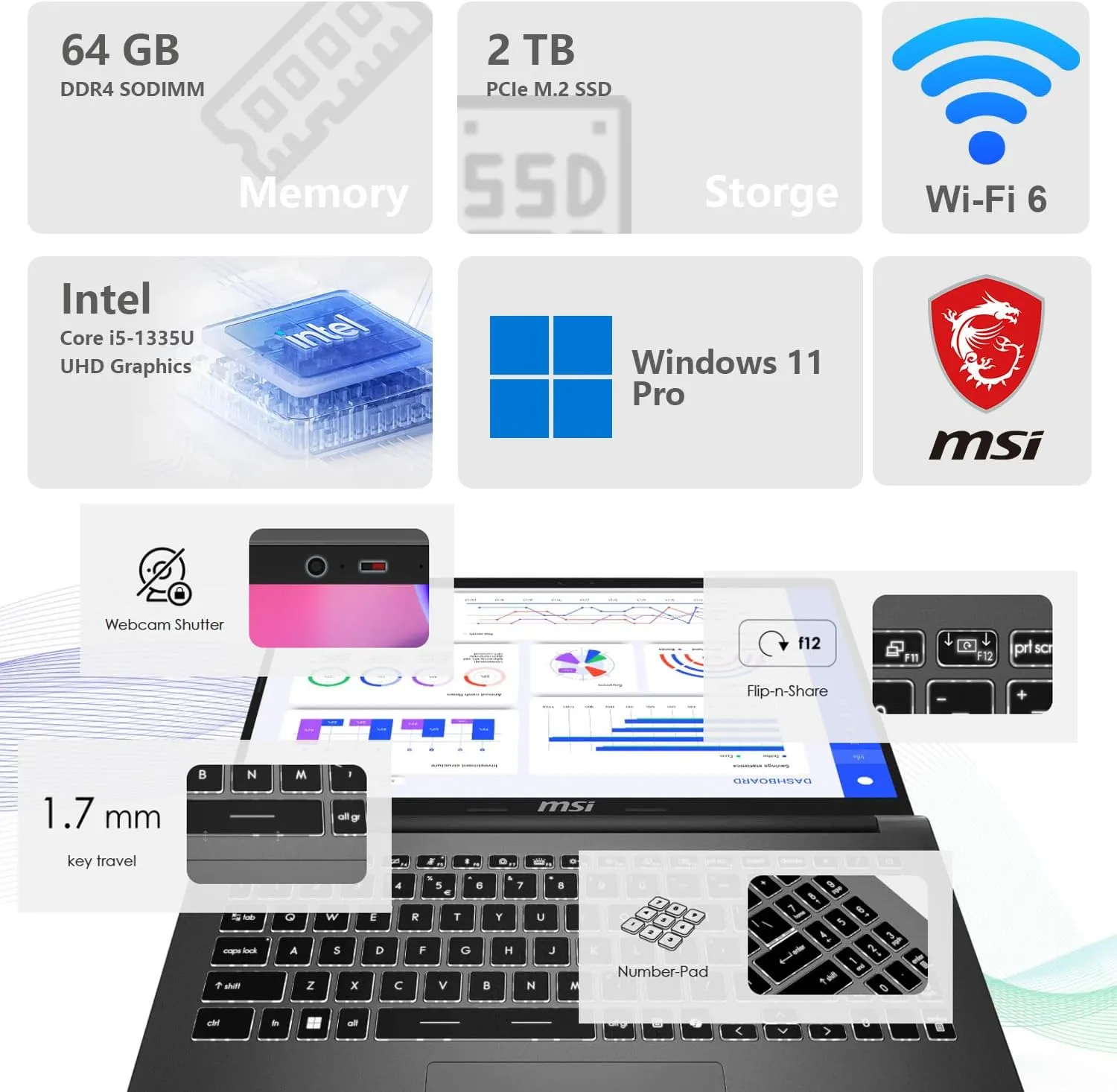 MSI Modern Pro 15 F13MG AI Laptop with Copilot Assistant, 15.6" FHD, Intel i5-1335U, 32GB RAM, 1TB SSD, MicroSD Card Reader, Backlit KB, Bundle with PCO Notebook Folding Radiator, Laptop Cooler