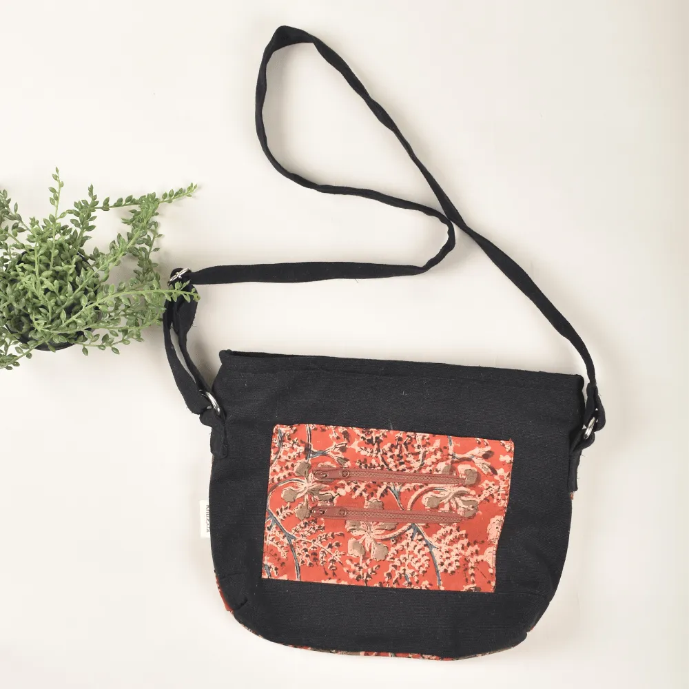 Multi Pocket Canvas Purse With Red Kalamkari Fabric