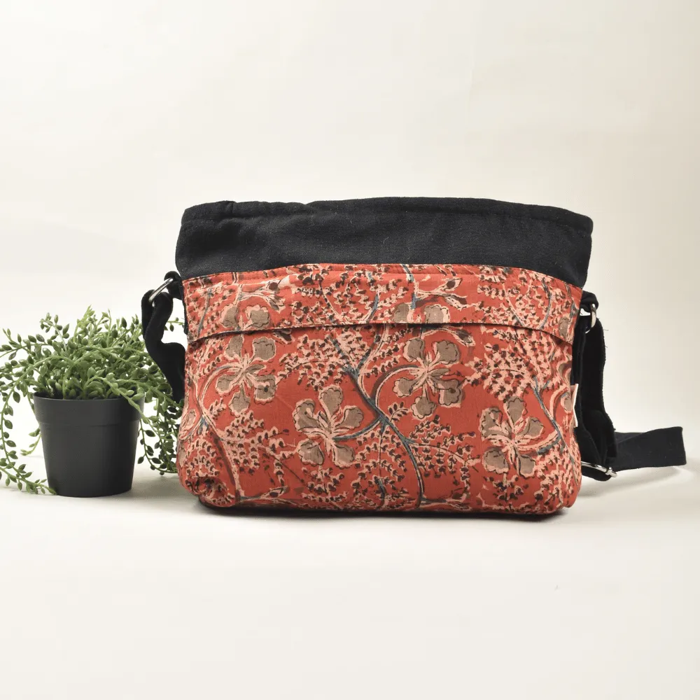 Multi Pocket Canvas Purse With Red Kalamkari Fabric