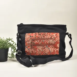 Multi Pocket Canvas Purse With Red Kalamkari Fabric