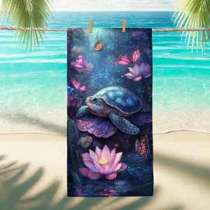 Mystical Sea Turtle Microfiber Beach Towel Blue Ocean Art Watercolor Design, Quick Dry Sand Resistant Oversized Lightweight Beach Blanket, Travel Pool Outdoor Picnic Essentials 70x35 Inch