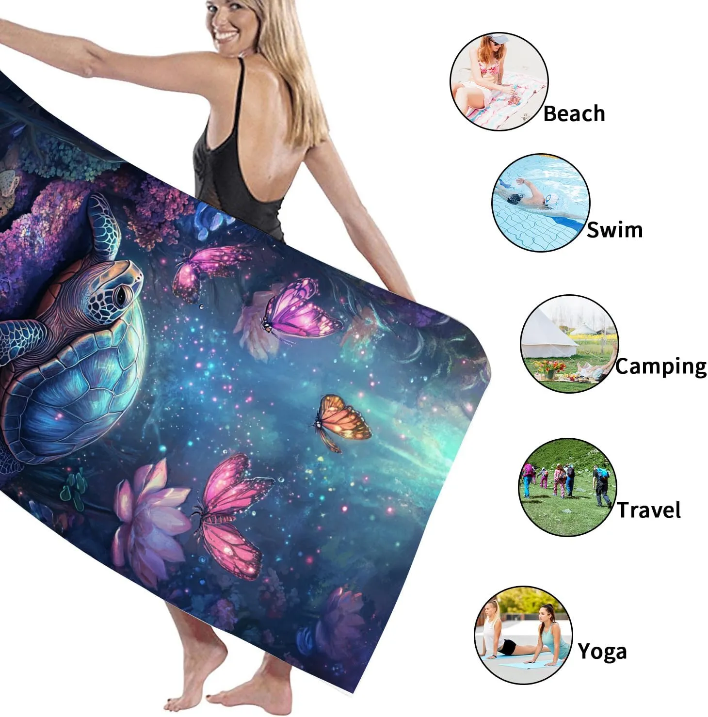Mystical Sea Turtle Microfiber Beach Towel Blue Ocean Art Watercolor Design, Quick Dry Sand Resistant Oversized Lightweight Beach Blanket, Travel Pool Outdoor Picnic Essentials 70x35 Inch