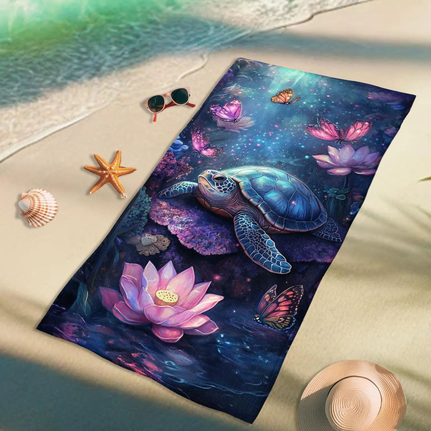 Mystical Sea Turtle Microfiber Beach Towel Blue Ocean Art Watercolor Design, Quick Dry Sand Resistant Oversized Lightweight Beach Blanket, Travel Pool Outdoor Picnic Essentials 70x35 Inch
