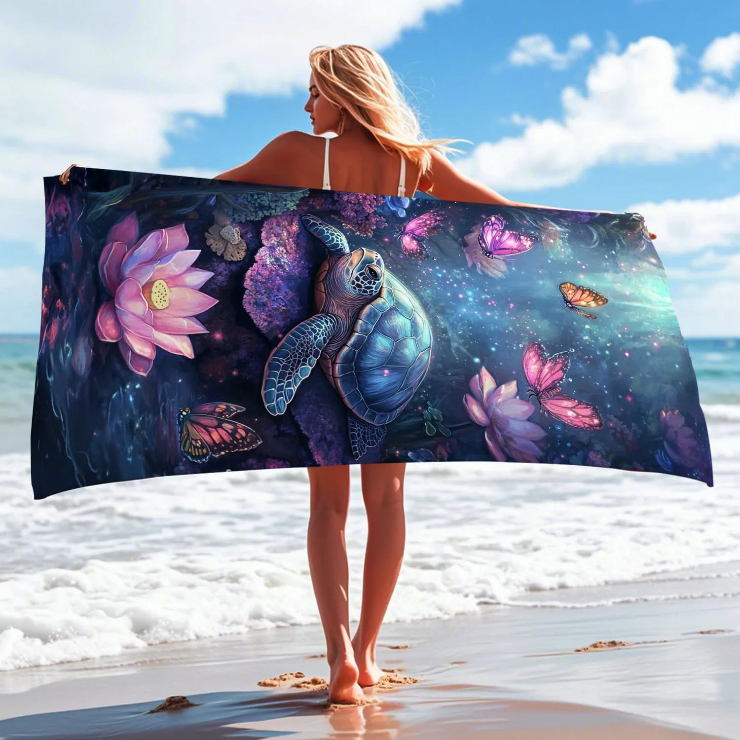 Mystical Sea Turtle Microfiber Beach Towel Blue Ocean Art Watercolor Design, Quick Dry Sand Resistant Oversized Lightweight Beach Blanket, Travel Pool Outdoor Picnic Essentials 70x35 Inch