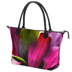 Nappa Leather & Monroe Satin Zipper  Hand Bag "Ti Leaf Bouquet"