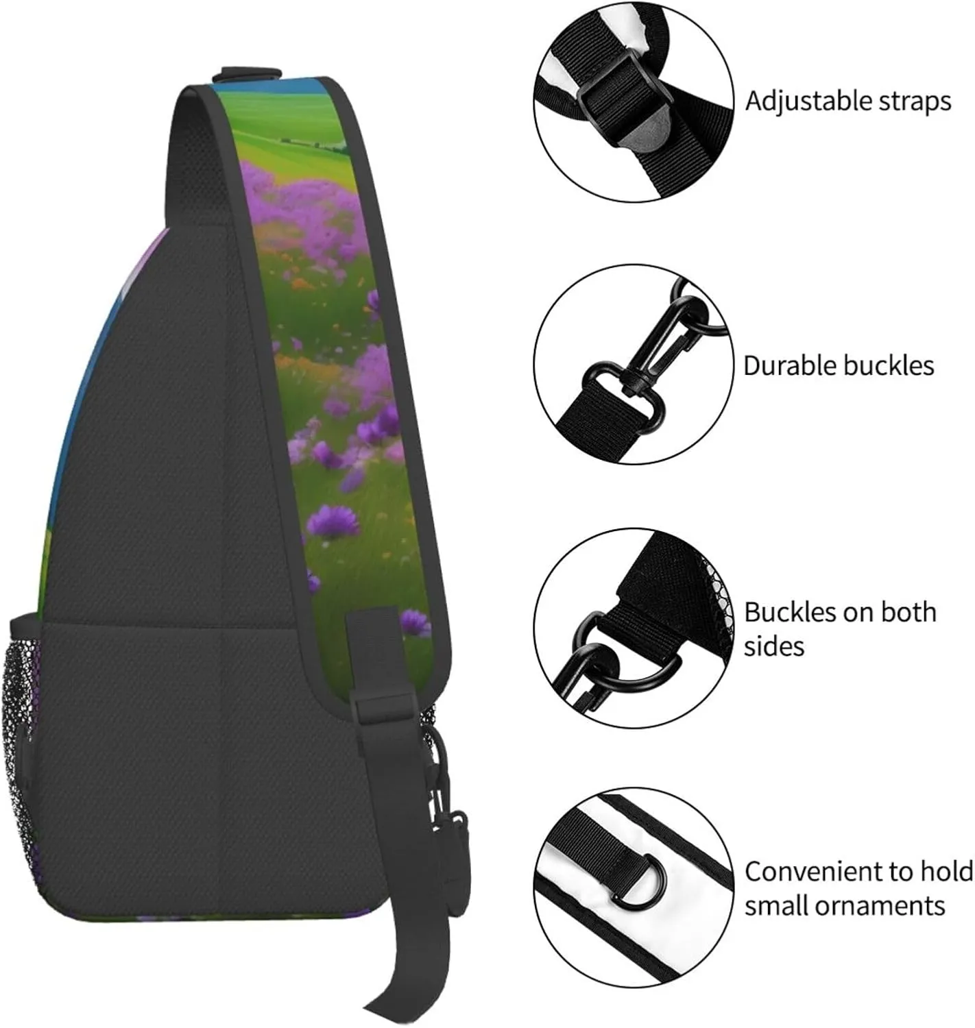 Nature Purple Flowers Meadow Mountain Scenic Print Sling Backpack, Sling Bag, Crossbody Chest Bag Daypack, for Hiking Travel