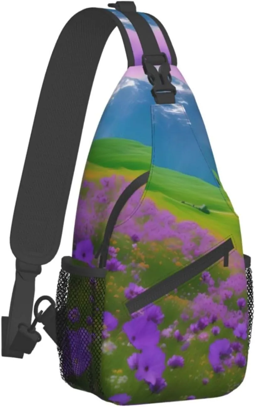 Nature Purple Flowers Meadow Mountain Scenic Print Sling Backpack, Sling Bag, Crossbody Chest Bag Daypack, for Hiking Travel