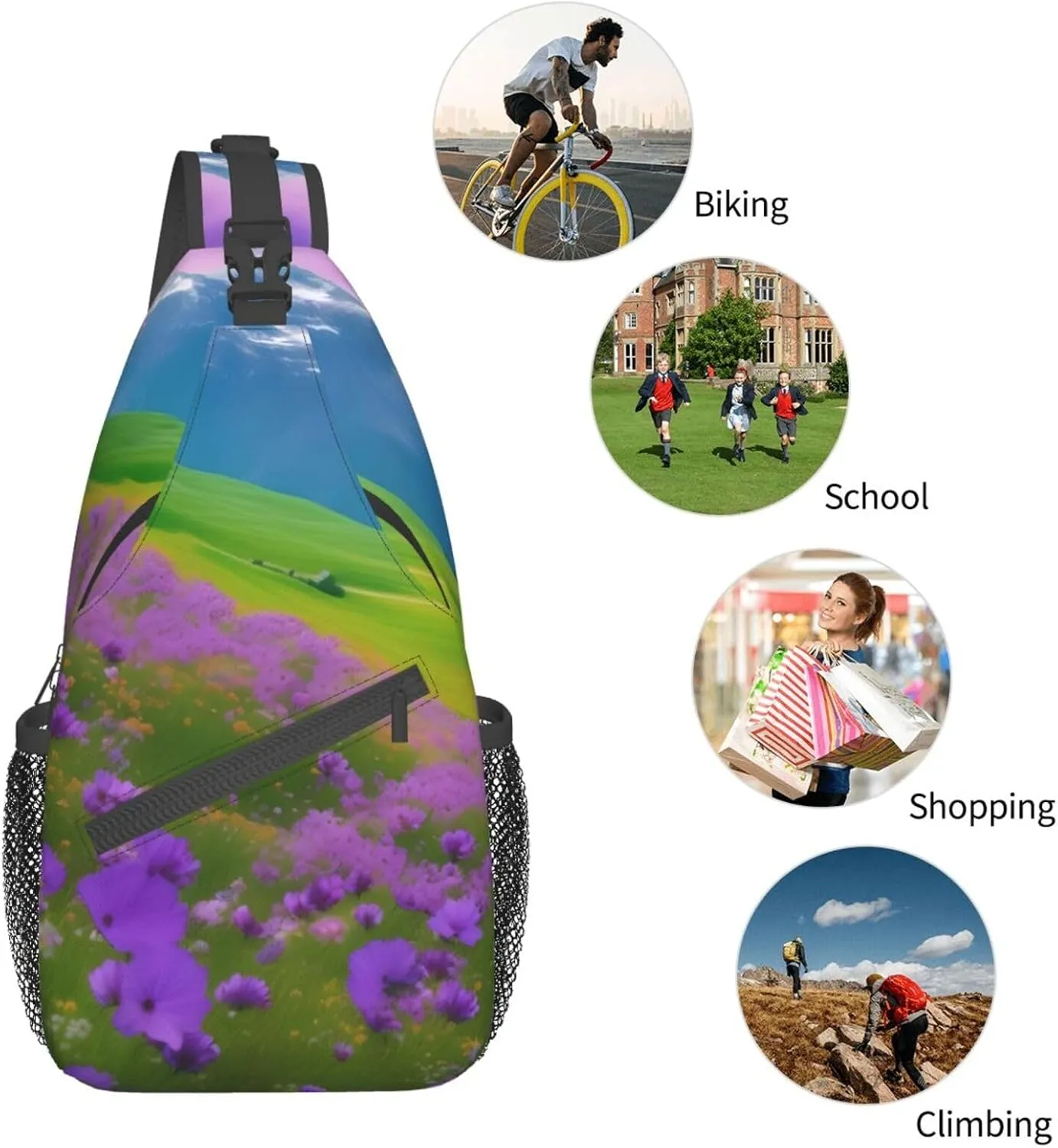 Nature Purple Flowers Meadow Mountain Scenic Print Sling Backpack, Sling Bag, Crossbody Chest Bag Daypack, for Hiking Travel