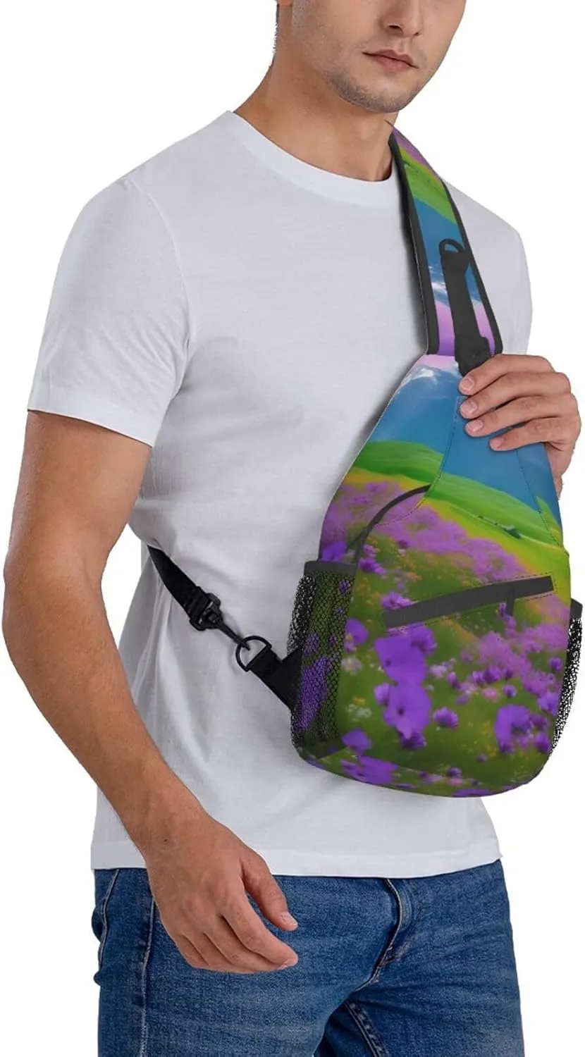Nature Purple Flowers Meadow Mountain Scenic Print Sling Backpack, Sling Bag, Crossbody Chest Bag Daypack, for Hiking Travel