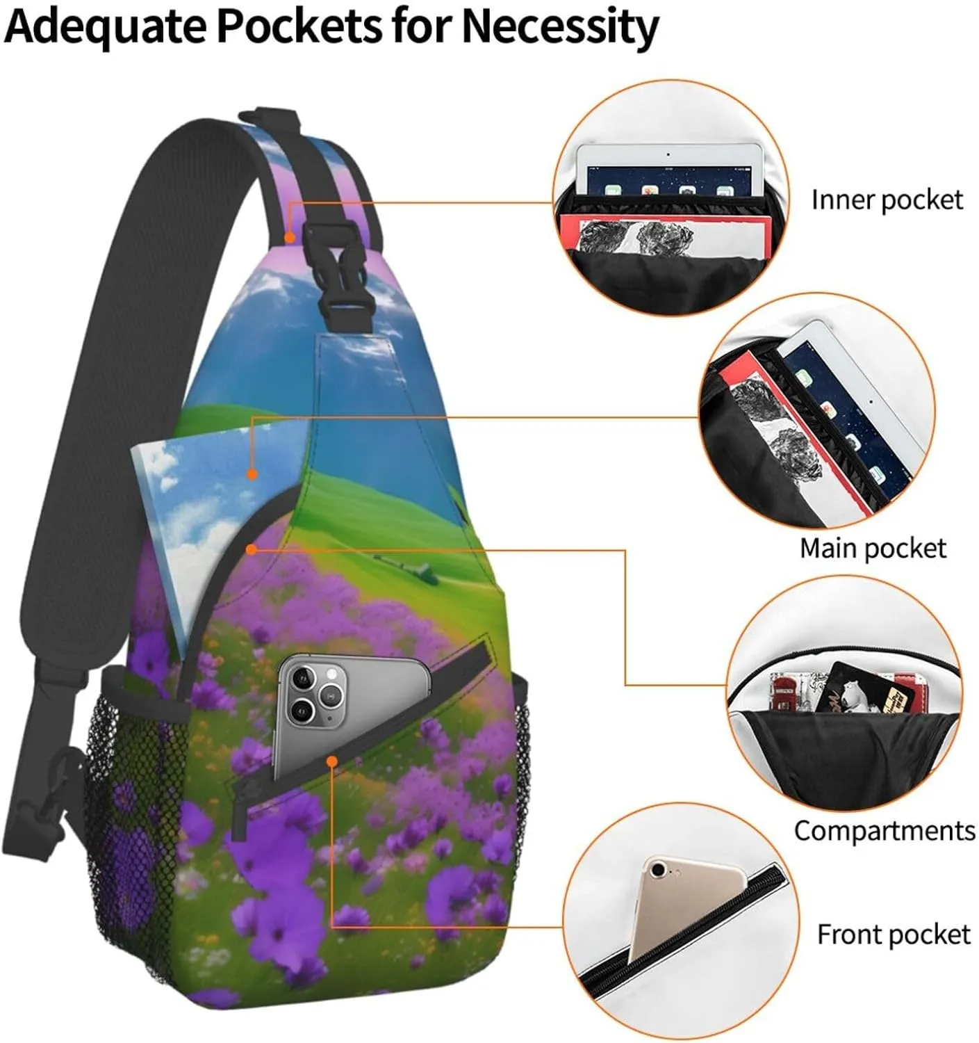 Nature Purple Flowers Meadow Mountain Scenic Print Sling Backpack, Sling Bag, Crossbody Chest Bag Daypack, for Hiking Travel