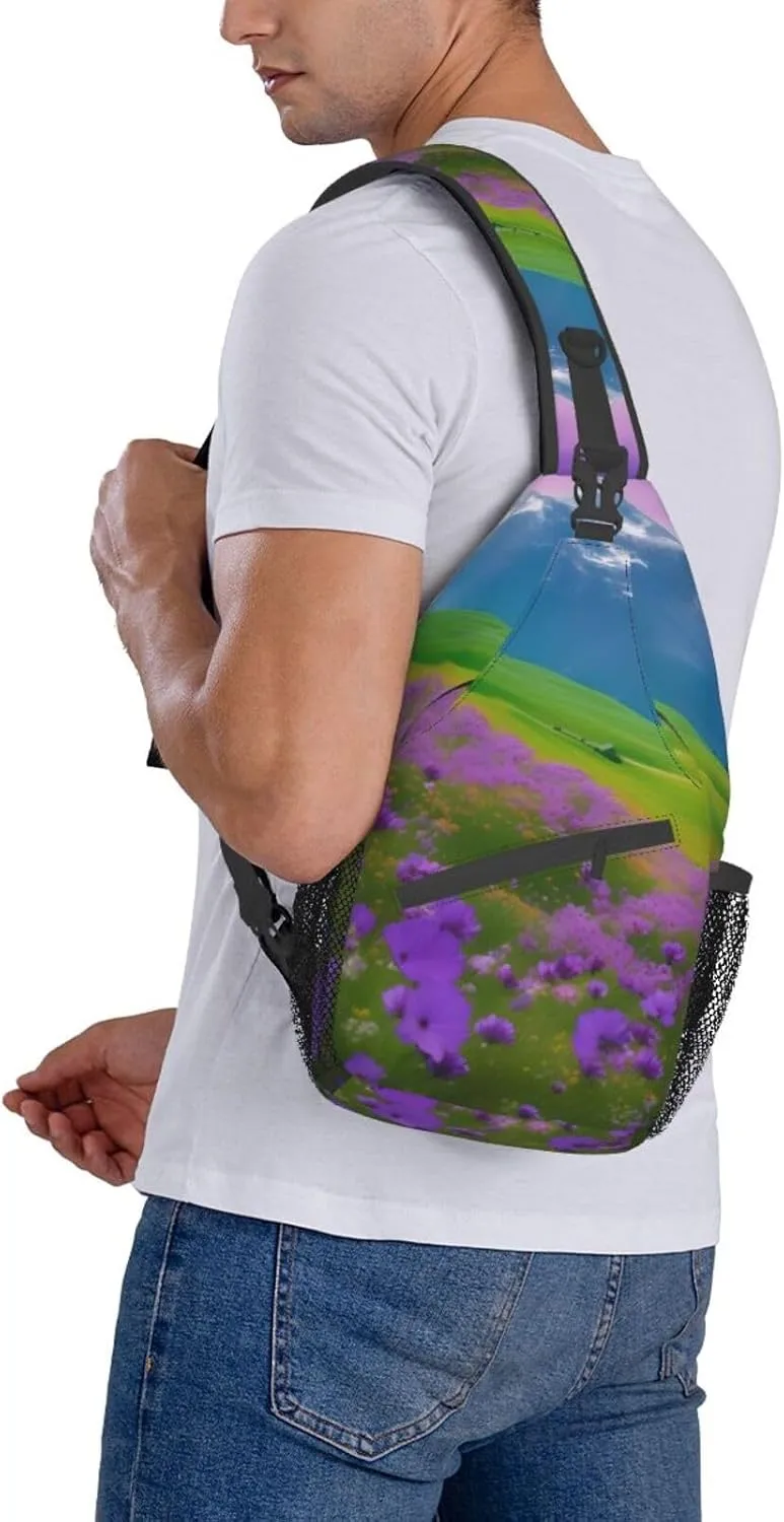 Nature Purple Flowers Meadow Mountain Scenic Print Sling Backpack, Sling Bag, Crossbody Chest Bag Daypack, for Hiking Travel