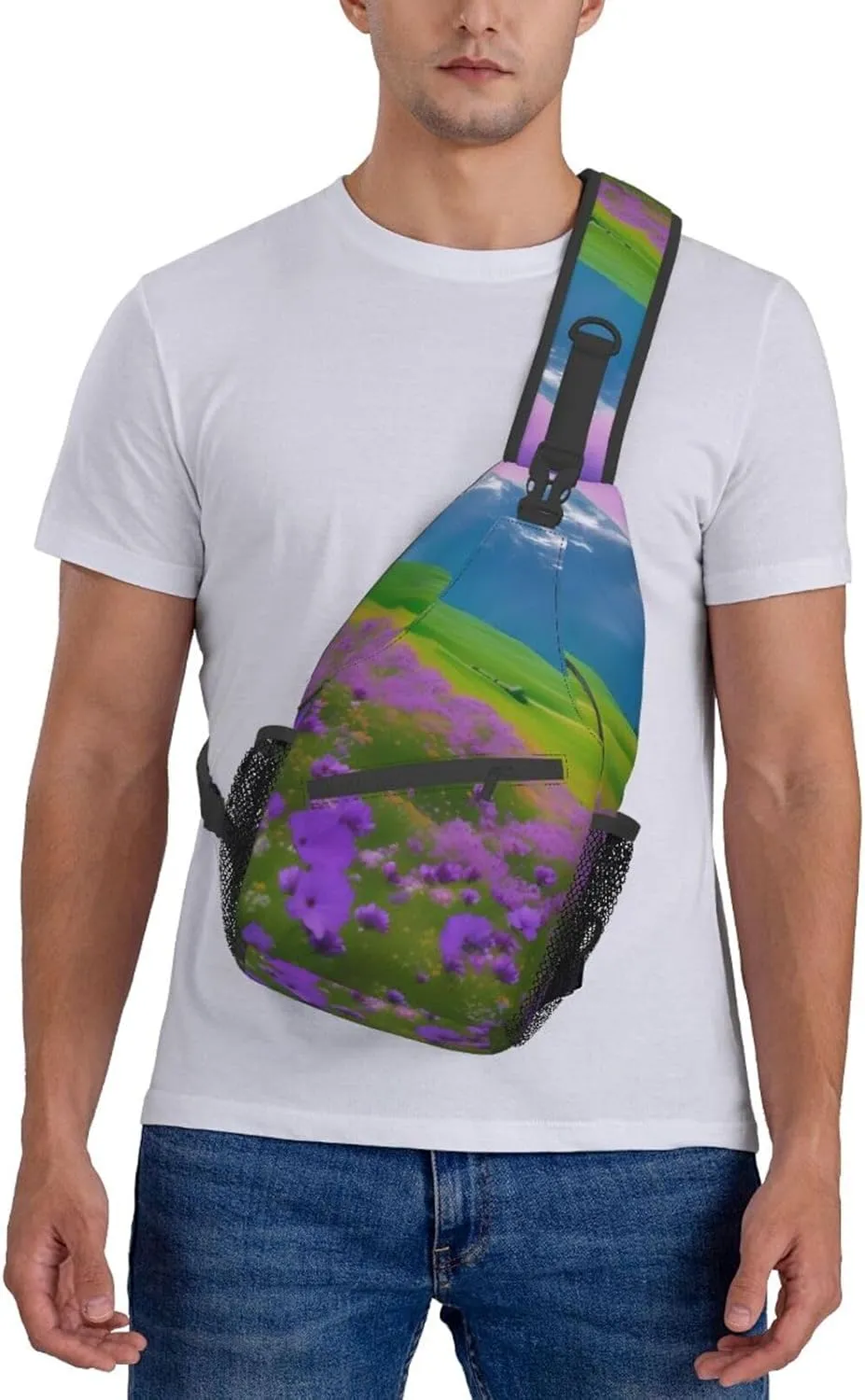 Nature Purple Flowers Meadow Mountain Scenic Print Sling Backpack, Sling Bag, Crossbody Chest Bag Daypack, for Hiking Travel