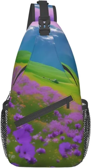 Nature Purple Flowers Meadow Mountain Scenic Print Sling Backpack, Sling Bag, Crossbody Chest Bag Daypack, for Hiking Travel
