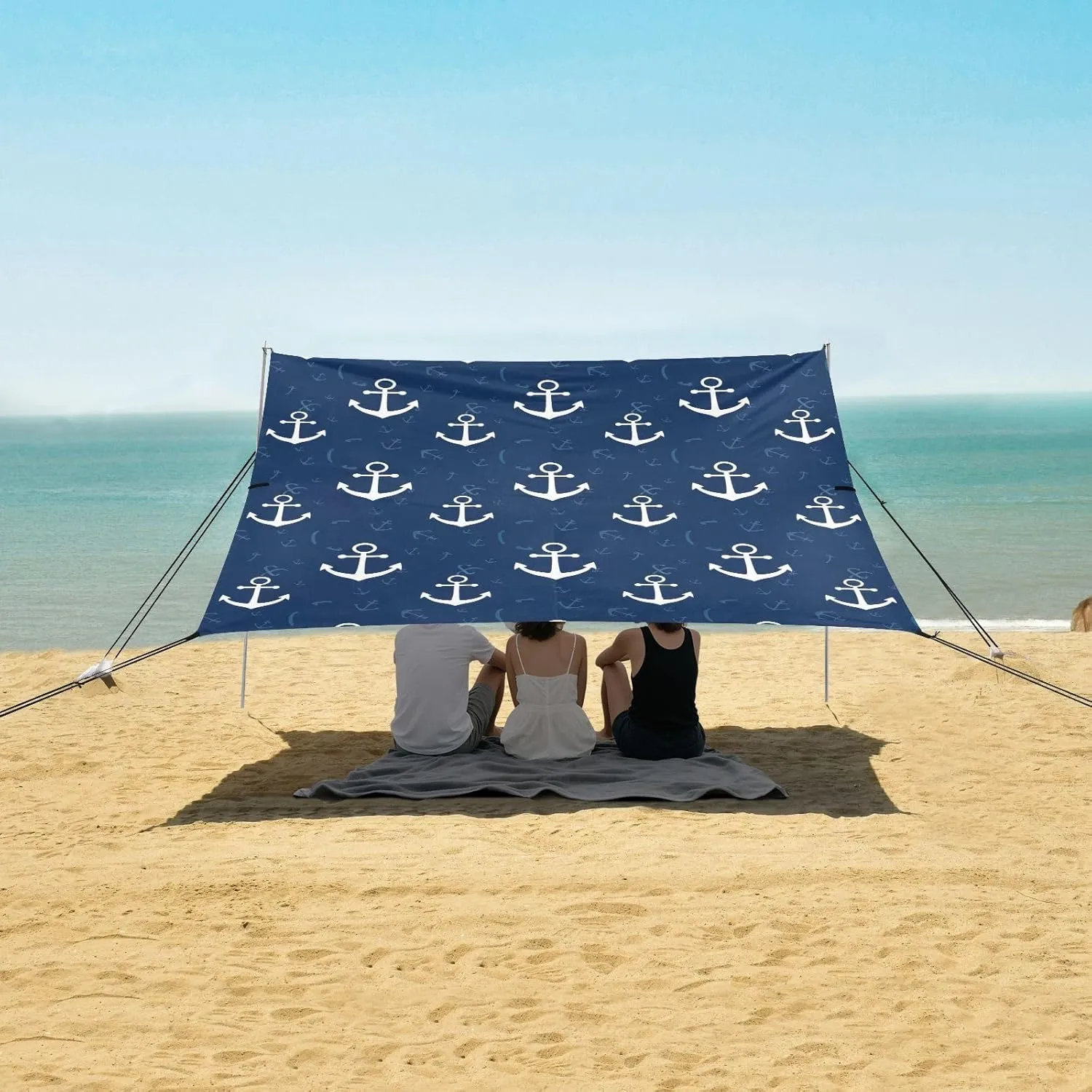Nautical White Anchors Navy Blue Beach Tent Canopy Outdoor Sun Shade Patio Decorative Sand Camping Sun Shelter Sunshade with Sandbags Anchor 9.2 × 10.5 FT