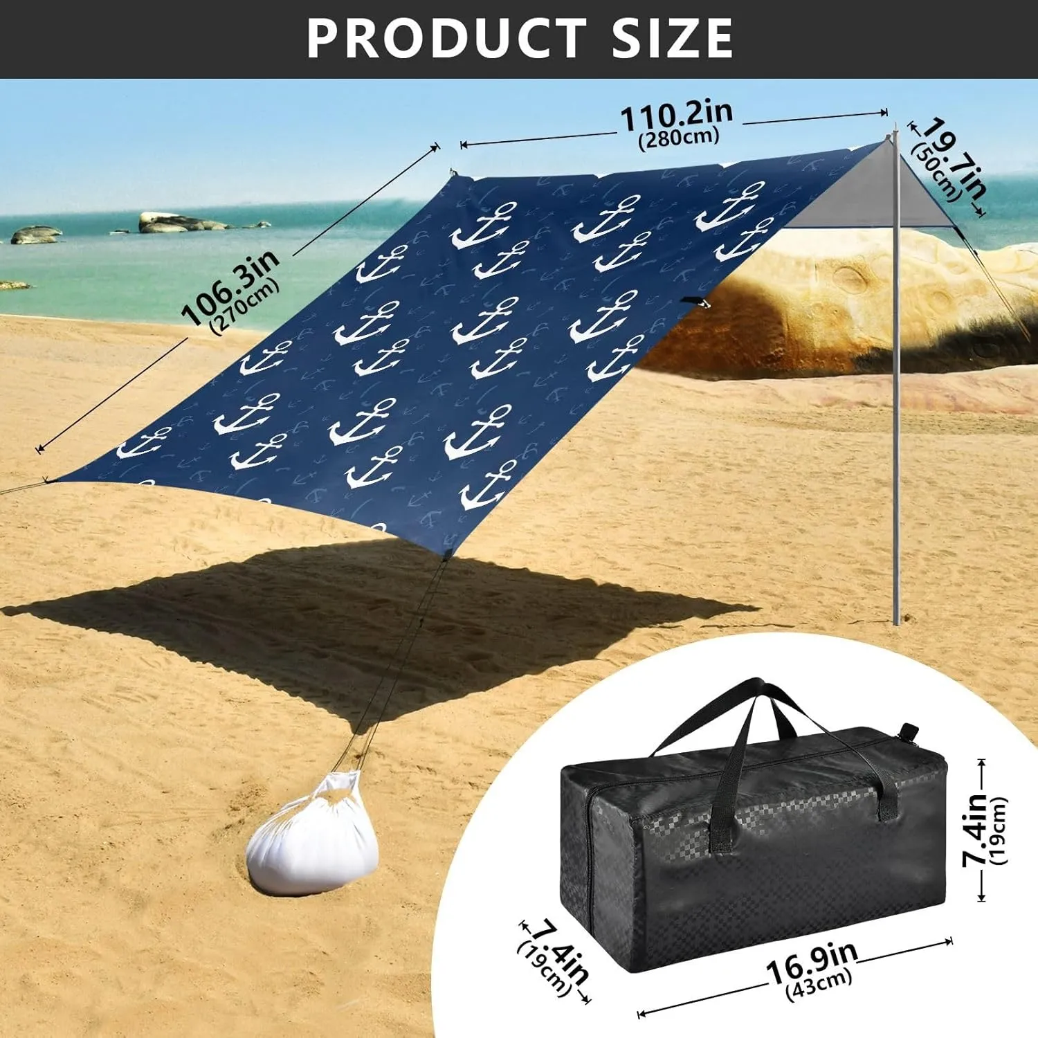 Nautical White Anchors Navy Blue Beach Tent Canopy Outdoor Sun Shade Patio Decorative Sand Camping Sun Shelter Sunshade with Sandbags Anchor 9.2 × 10.5 FT