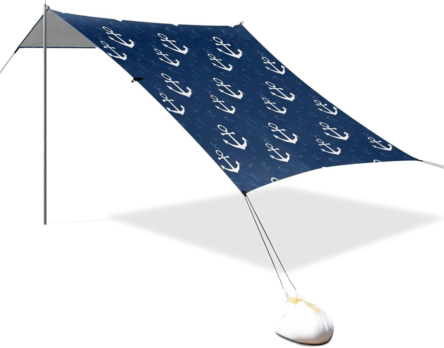 Nautical White Anchors Navy Blue Beach Tent Canopy Outdoor Sun Shade Patio Decorative Sand Camping Sun Shelter Sunshade with Sandbags Anchor 9.2 × 10.5 FT