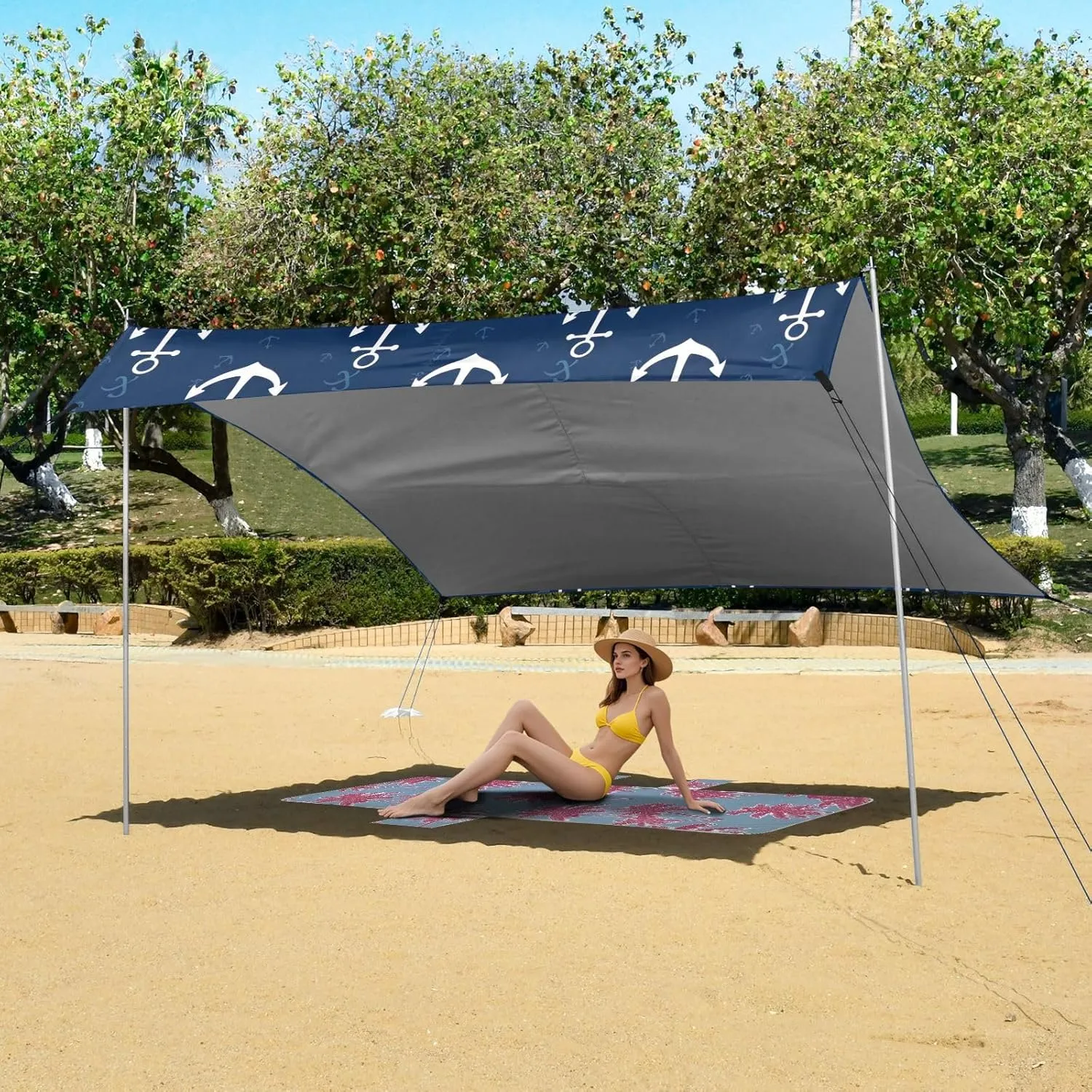 Nautical White Anchors Navy Blue Beach Tent Canopy Outdoor Sun Shade Patio Decorative Sand Camping Sun Shelter Sunshade with Sandbags Anchor 9.2 × 10.5 FT