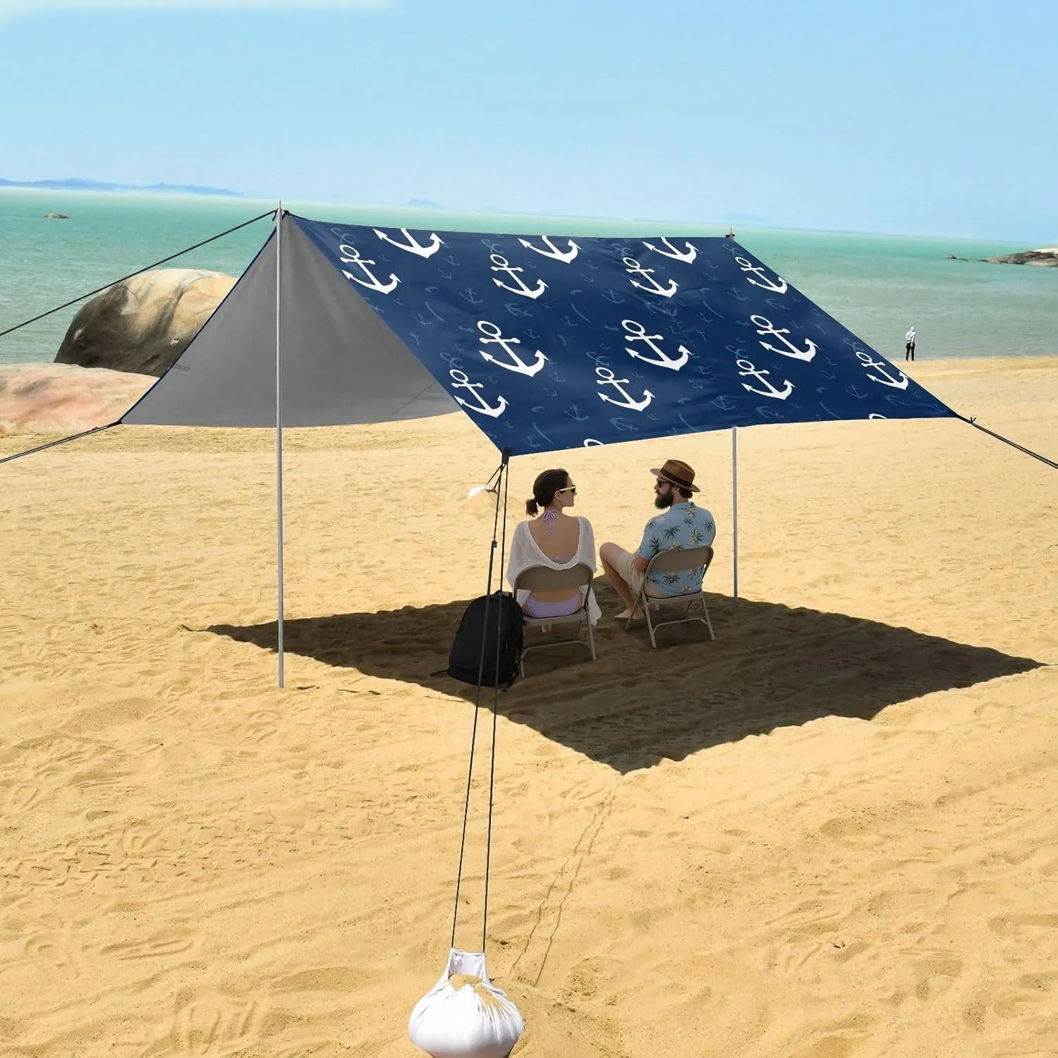 Nautical White Anchors Navy Blue Beach Tent Canopy Outdoor Sun Shade Patio Decorative Sand Camping Sun Shelter Sunshade with Sandbags Anchor 9.2 × 10.5 FT