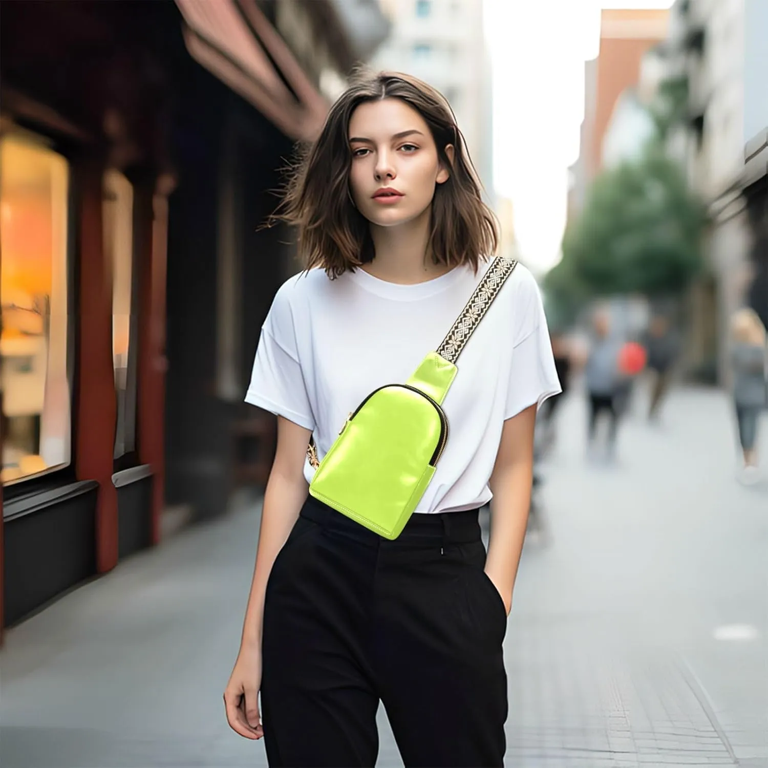 Neon Yellow Crossbody Sling Bag for Women Men Leather Chest Bags Purse Adjustable Cross Body Daypack for Hiking Running Cycling